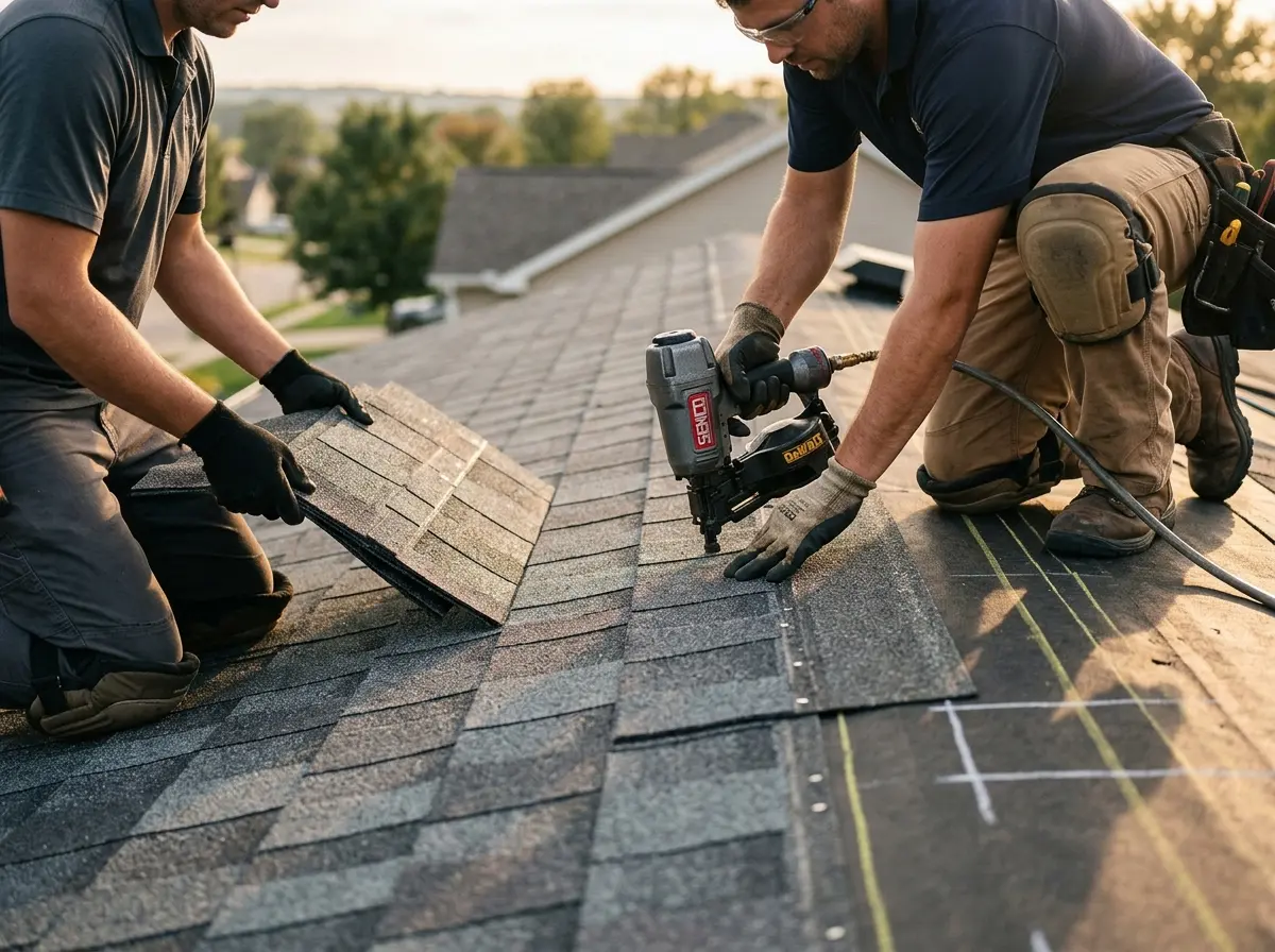 Professional roofer working on a residential roof in Tinton Falls